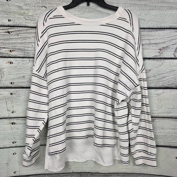 Maurices L White Black Stripe Waffle Knit Pullover - Picture 1 of 8